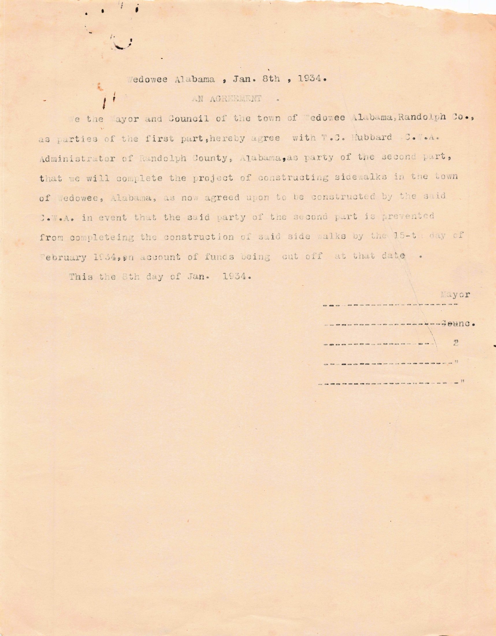 Typed agreement between the Mayor and Council and C.W.A. Administrator T. C. Hubbard on sidewalk construction, January 8, 1934 (unsigned)