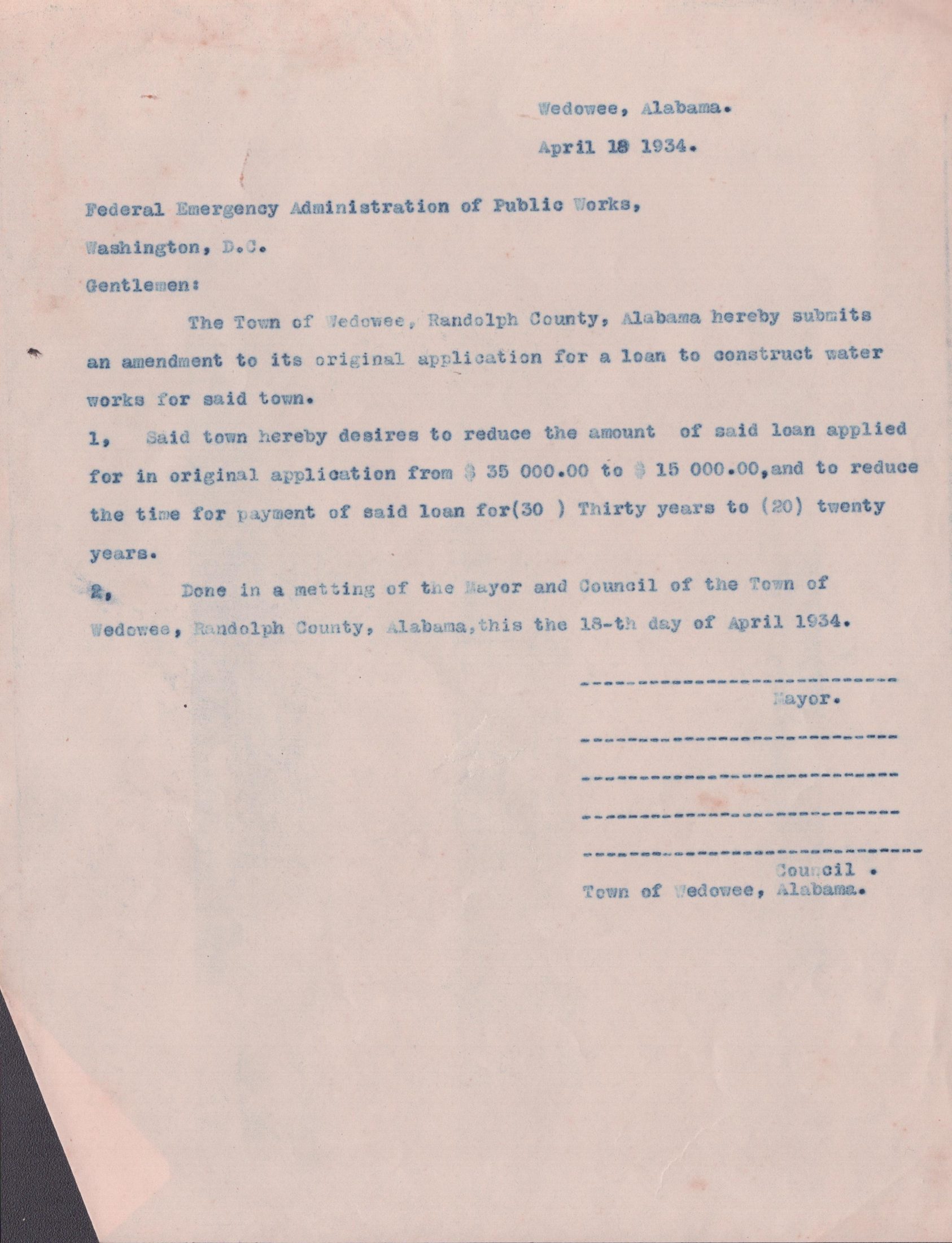 Typed amendment to loan application with blank Mayor and Council signature lines
