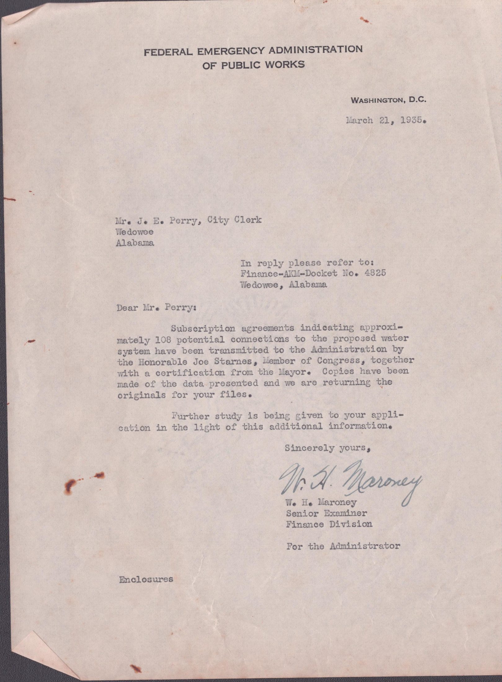 Signed PWA letter from W. H. Maroney to J. E. Perry