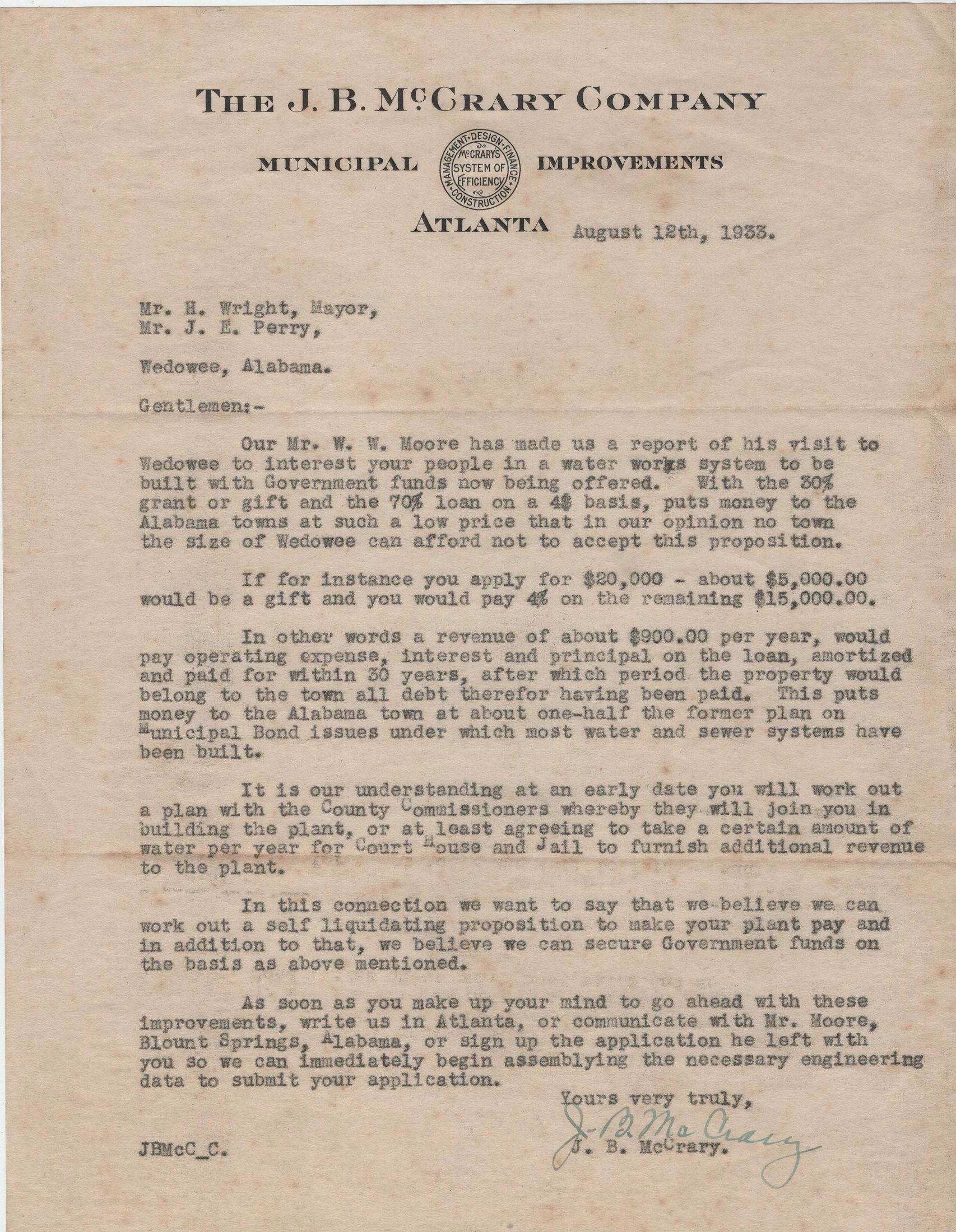 Signed letter on J. B. McCrary Company letterhead with seal