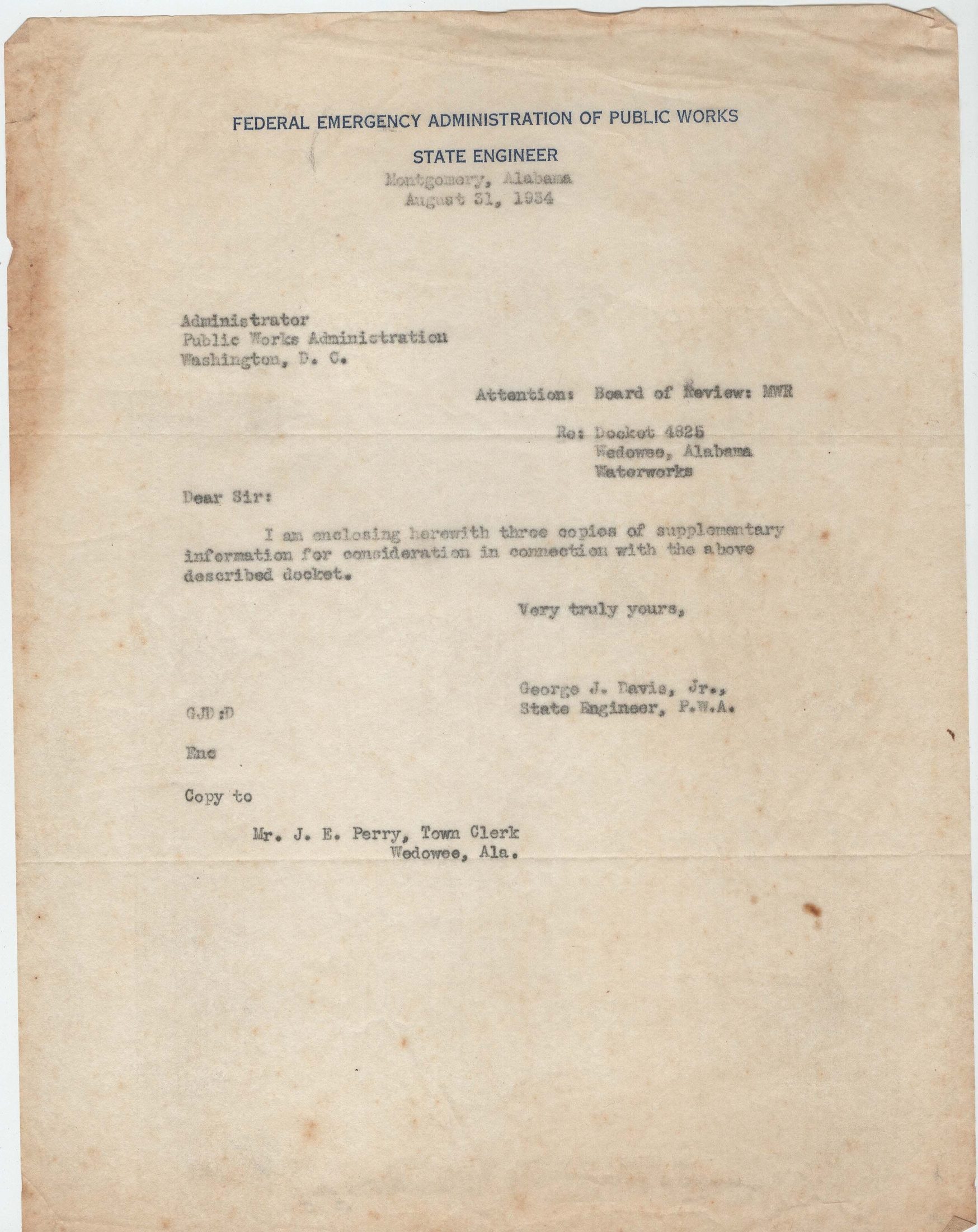 Typed transmittal letter on PWA State Engineer letterhead, copy to J. E. Perry