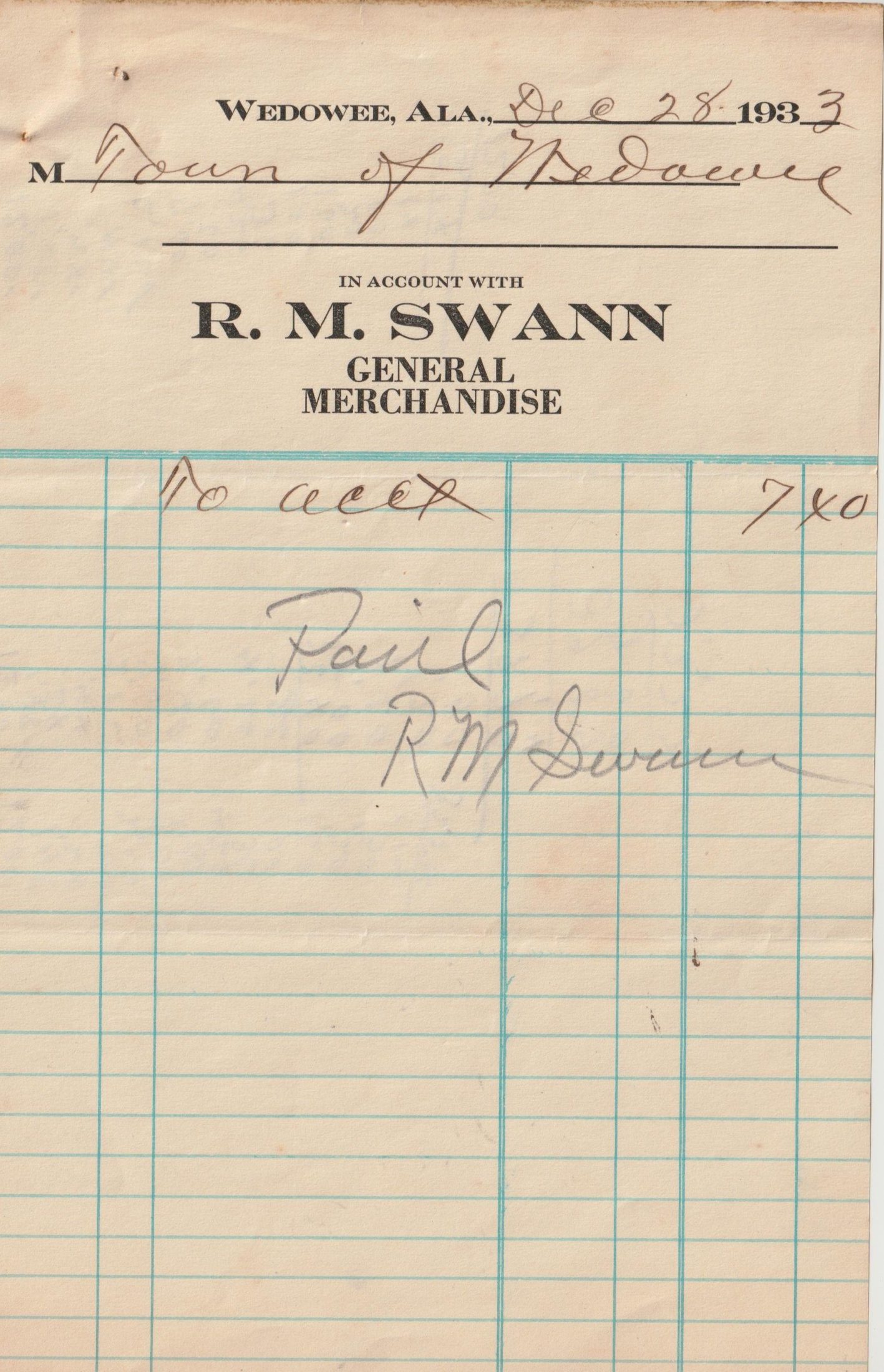R. M. Swann General Merchandise bill to Town of Wedowee, Dec. 28, 1933, $7.40, marked paid