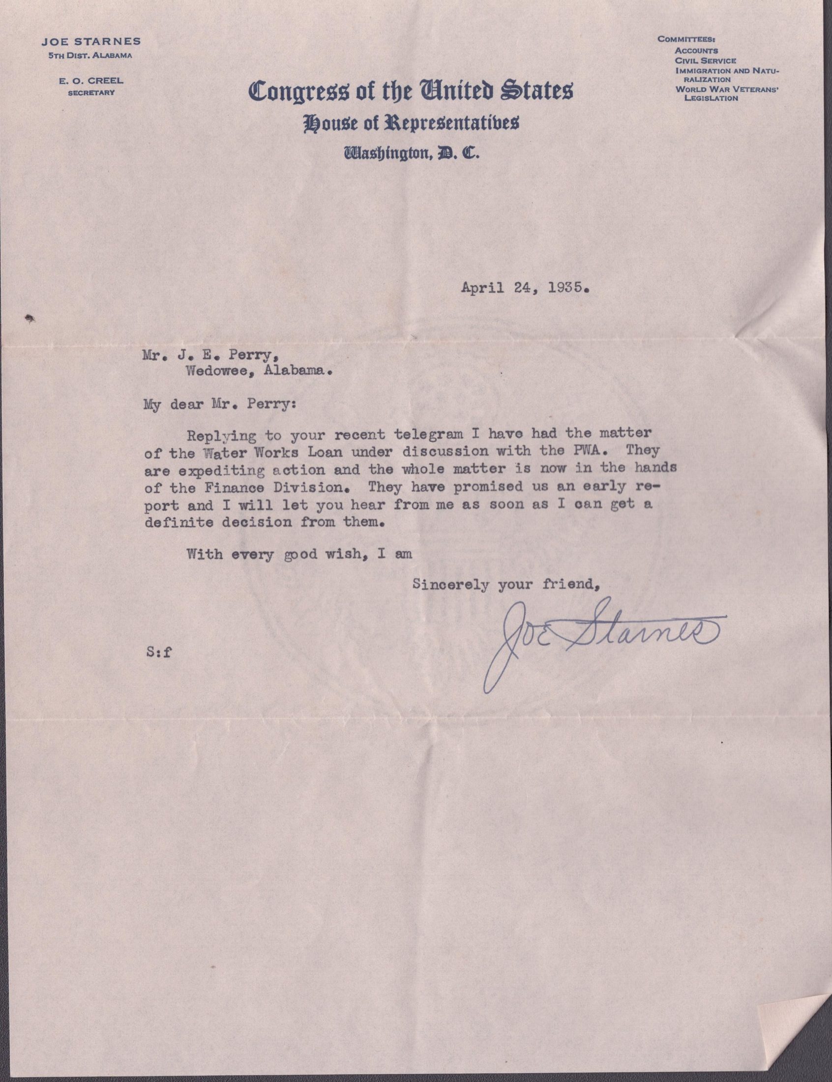 Signed letter on House of Representatives letterhead from Joe Starnes