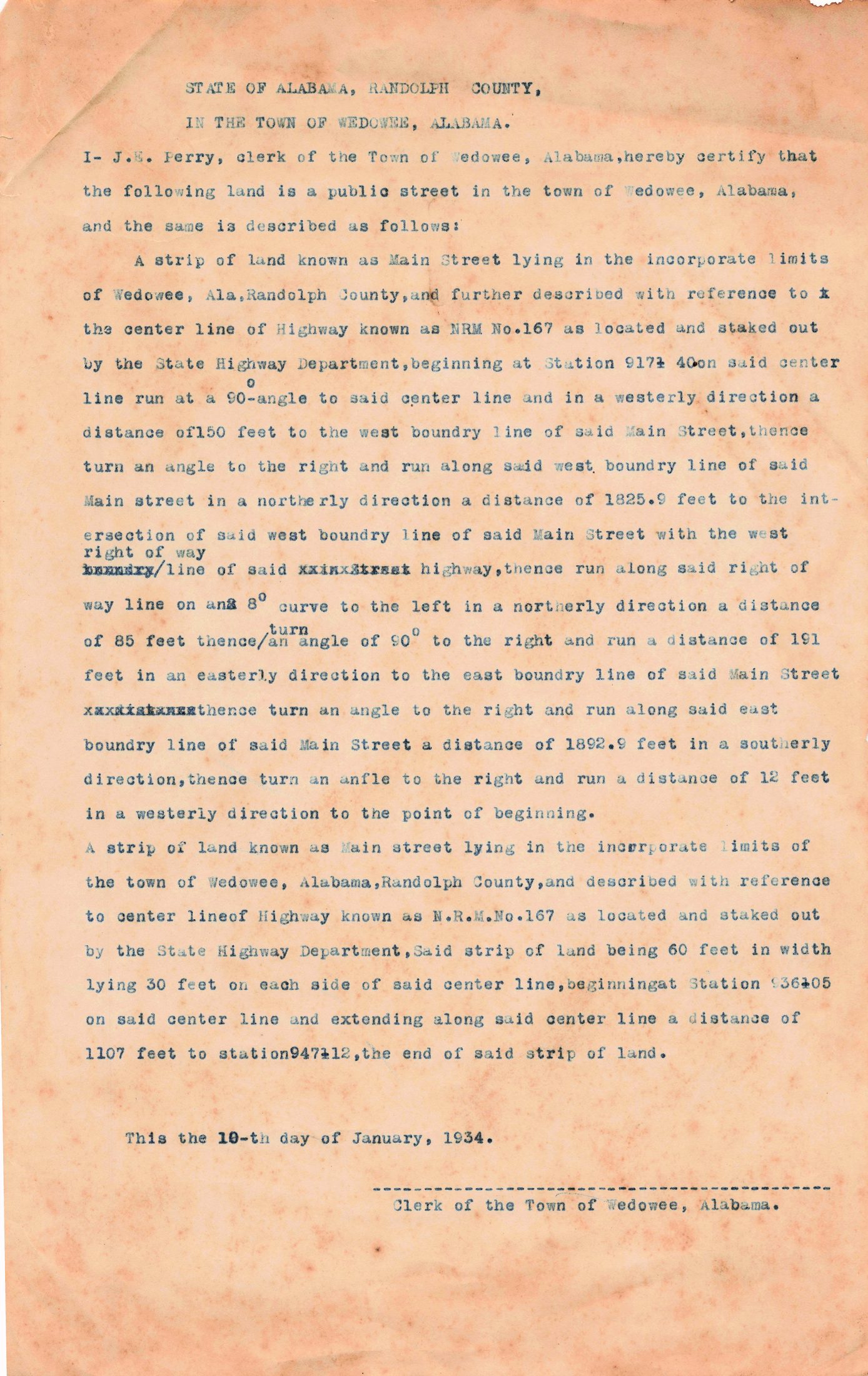 Typed certificate by Town Clerk J. E. Perry describing Main Street along N.R.M. No. 167, January 10, 1934