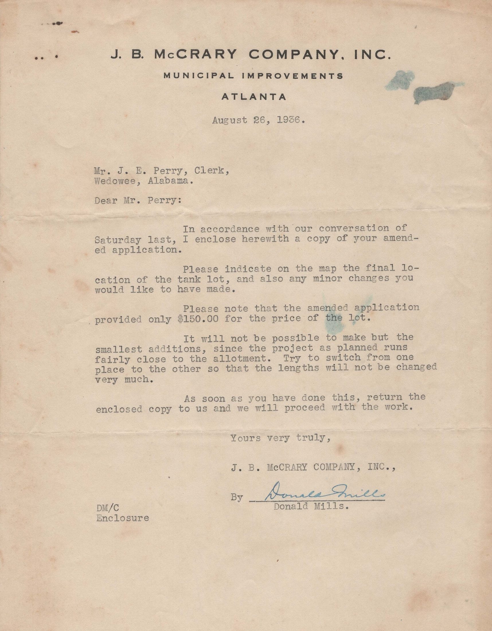 Signed letter from Donald Mills of J. B. McCrary Company, Inc.