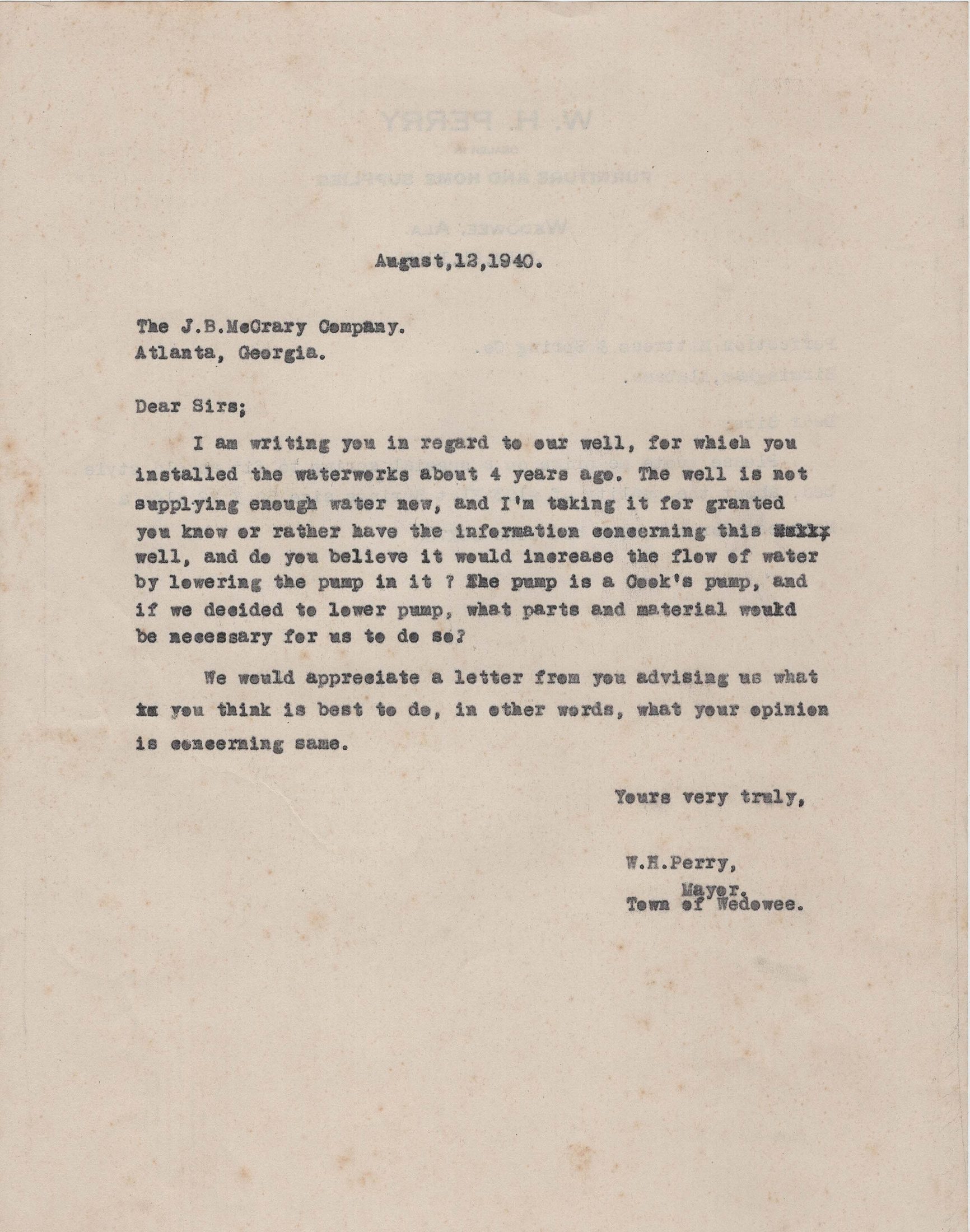 Typed letter from Mayor W. H. Perry to J. B. McCrary Company about the town well