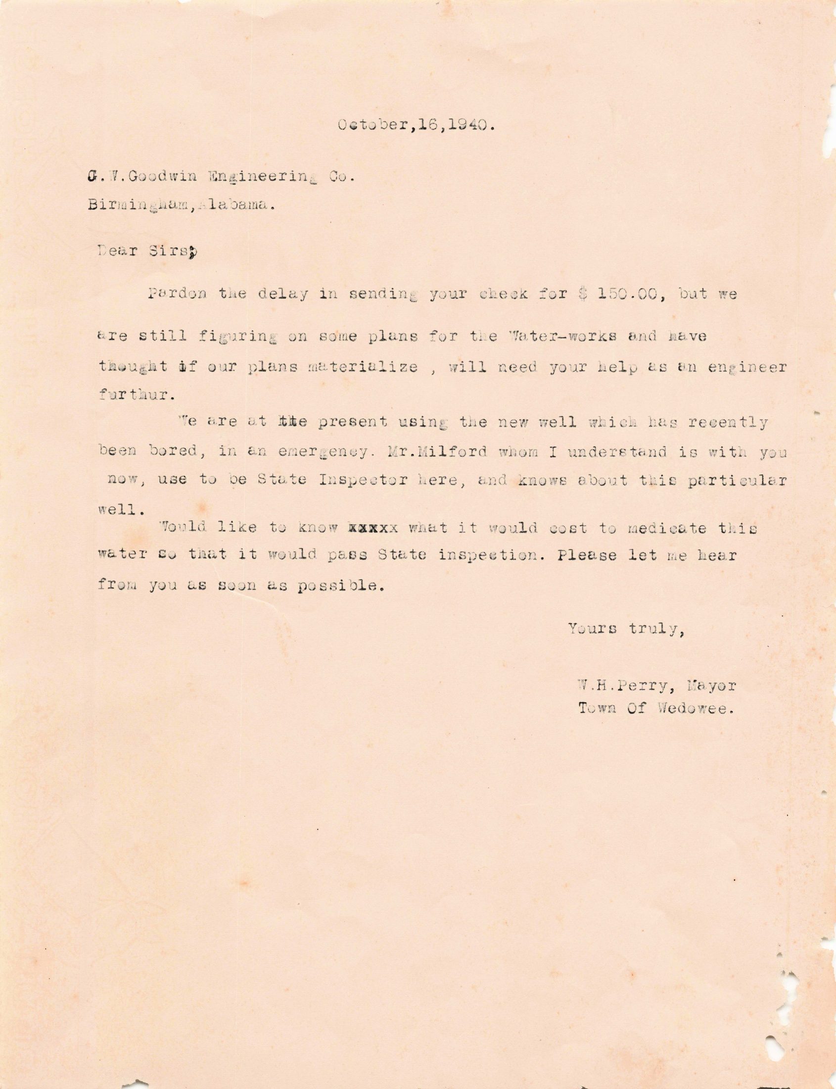Typed letter from Mayor W. H. Perry to Goodwin Engineering Co.