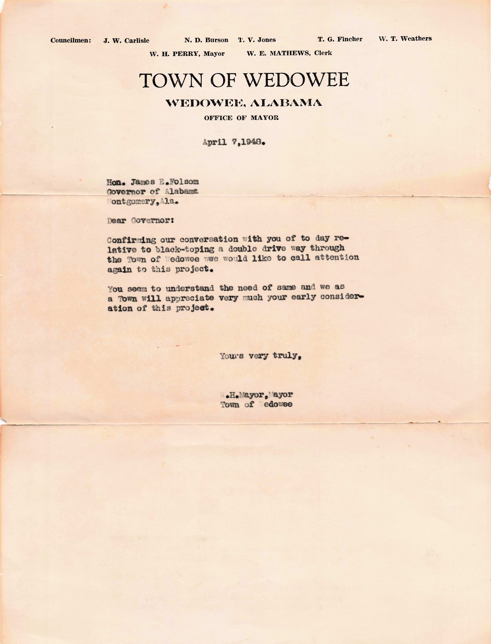 Typed letter on Town of Wedowee, Office of Mayor letterhead
