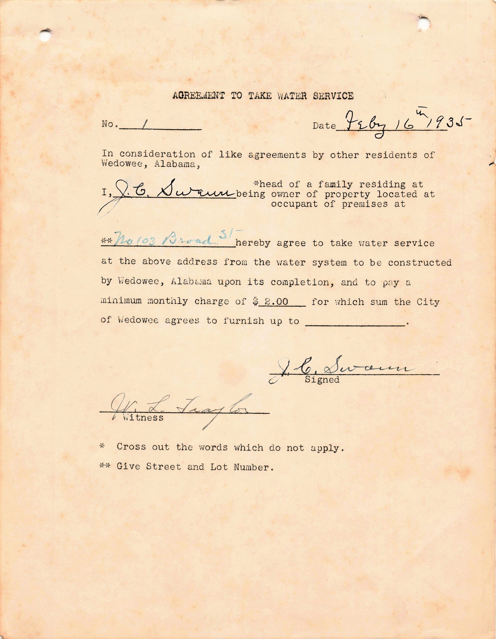 No. 1 — J. C. Swann, No 103 Broad St (Feby 16th 1935)
