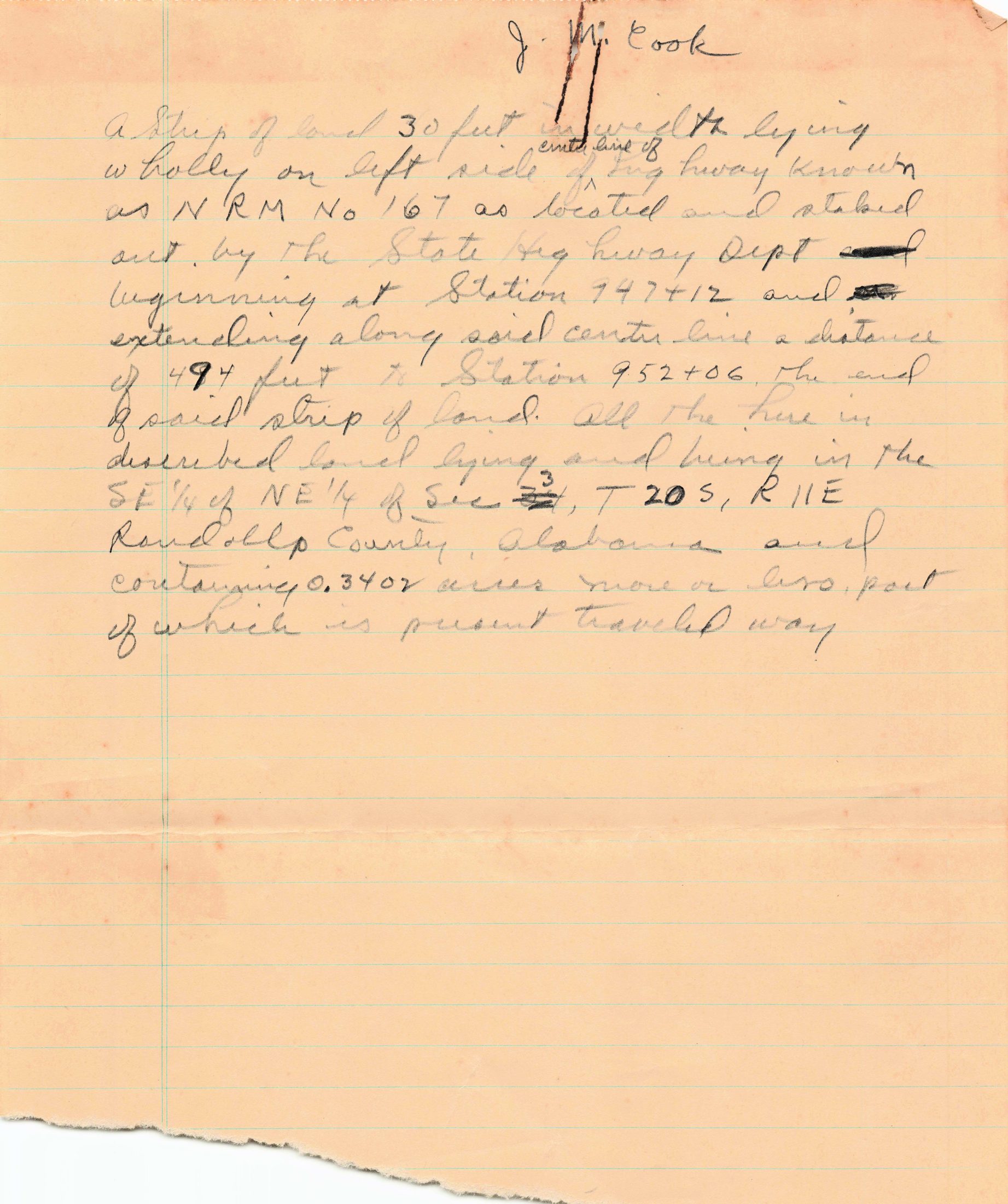 Pencil right-of-way description headed 'J. M. Cook,' Station 947+12 to 952+06