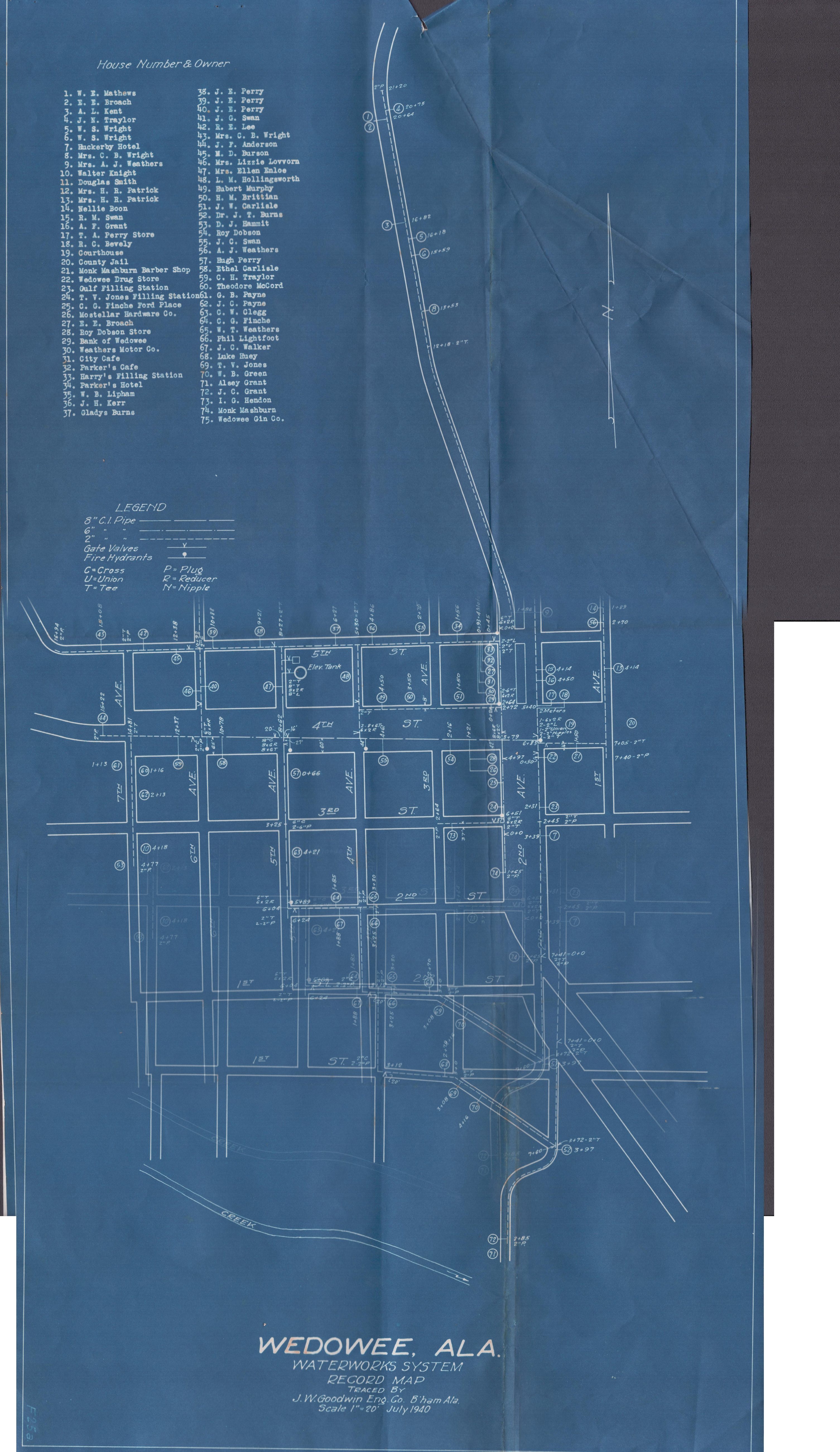 1940 blueprint record map of the Wedowee waterworks system