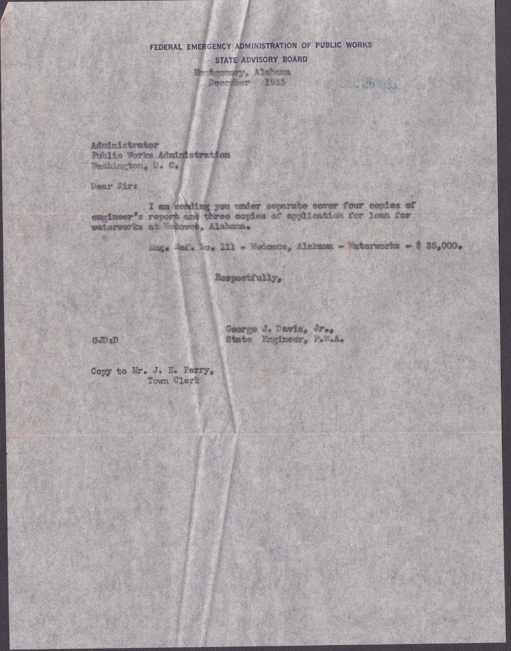 Carbon copy of P.W.A. State Engineer's transmittal letter for Wedowee waterworks loan application, December 1933