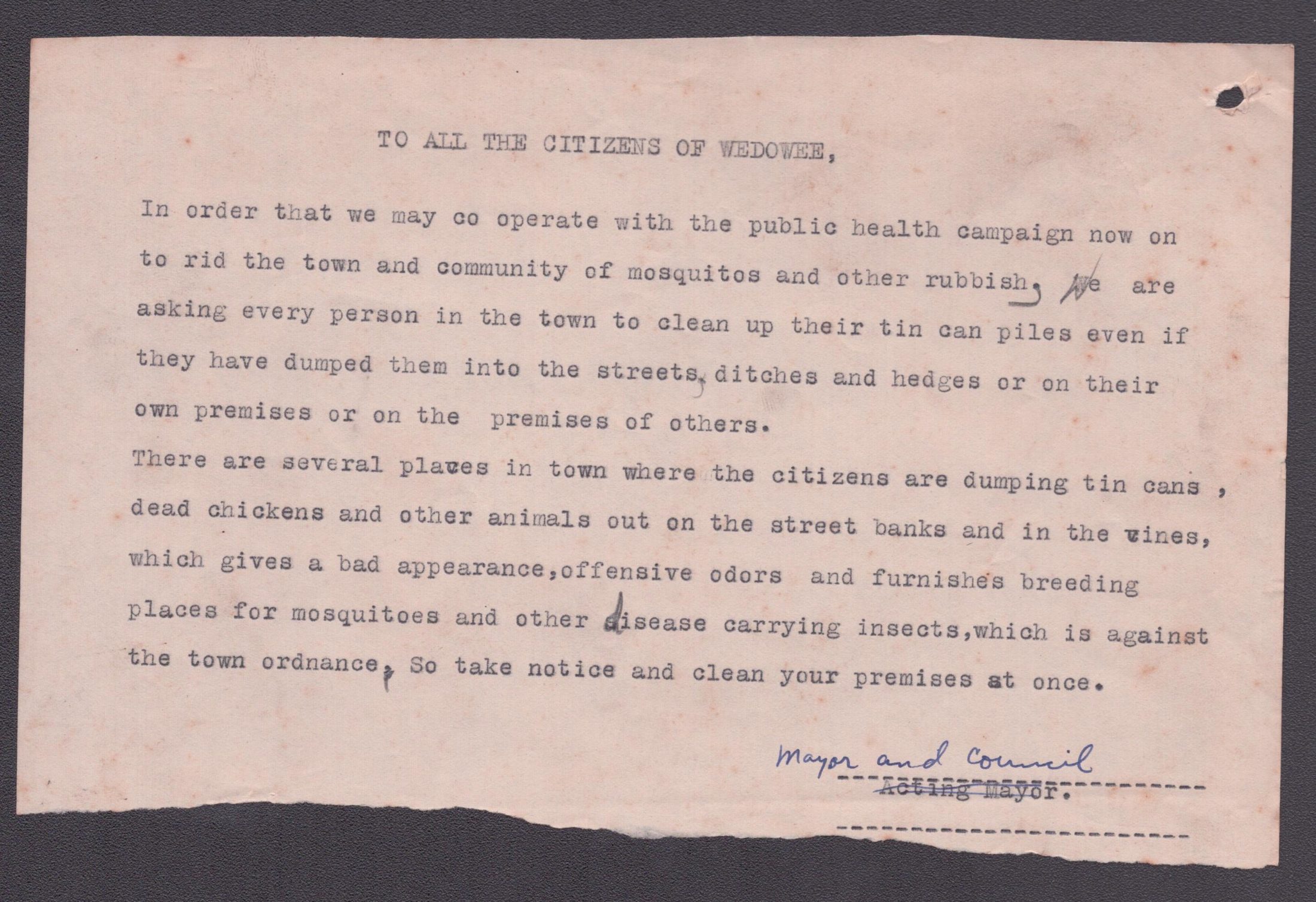 Typed notice to citizens about cleaning up tin cans and rubbish to control mosquitoes, signed 'Mayor and Council'