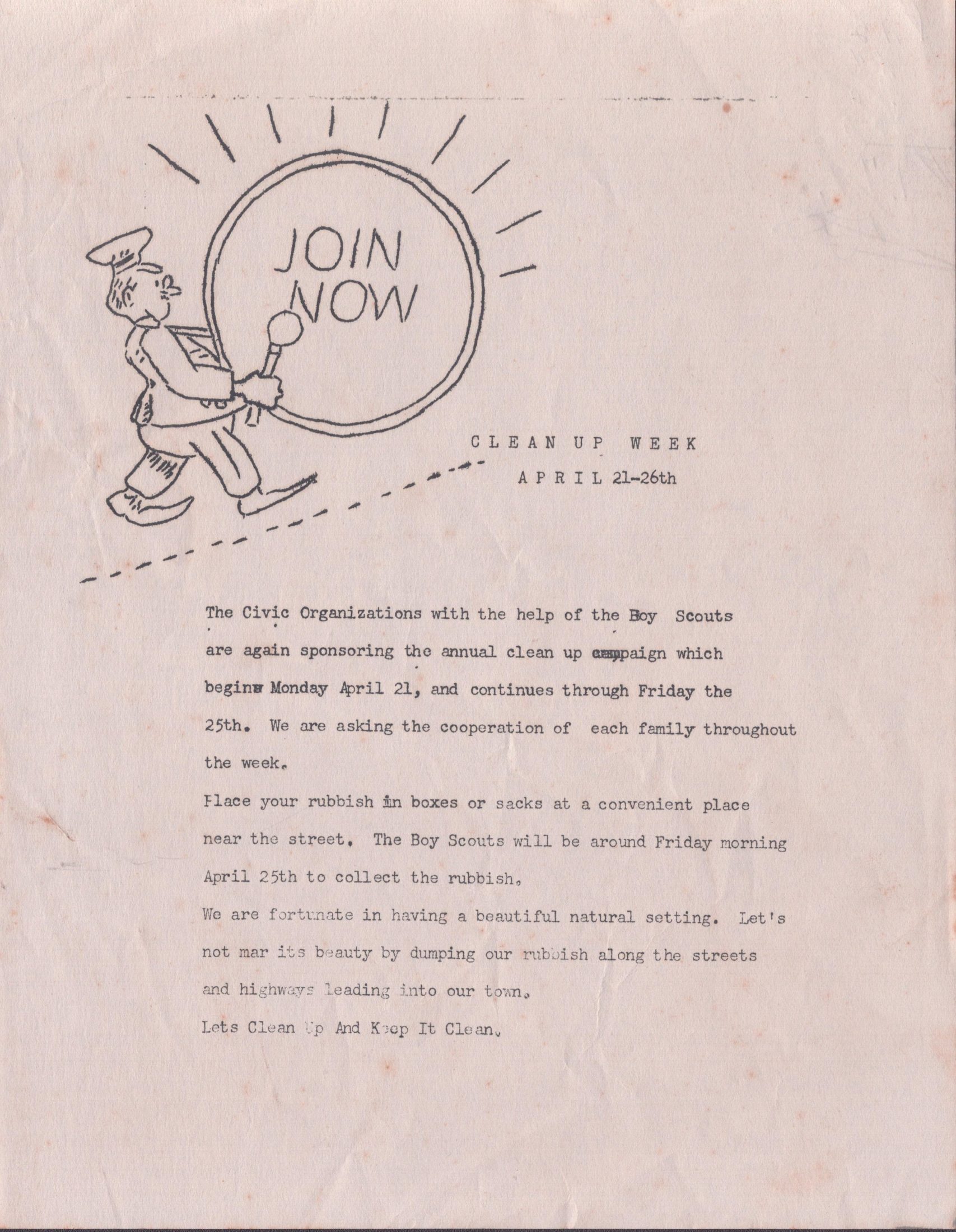 Mimeographed Clean Up Week flyer with 'Join Now' drummer cartoon