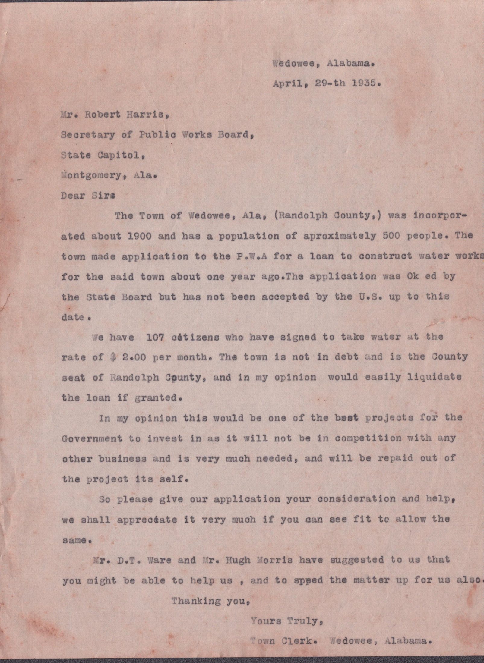 Typed letter from the Wedowee Town Clerk to Robert Harris about the waterworks loan, April 29, 1935